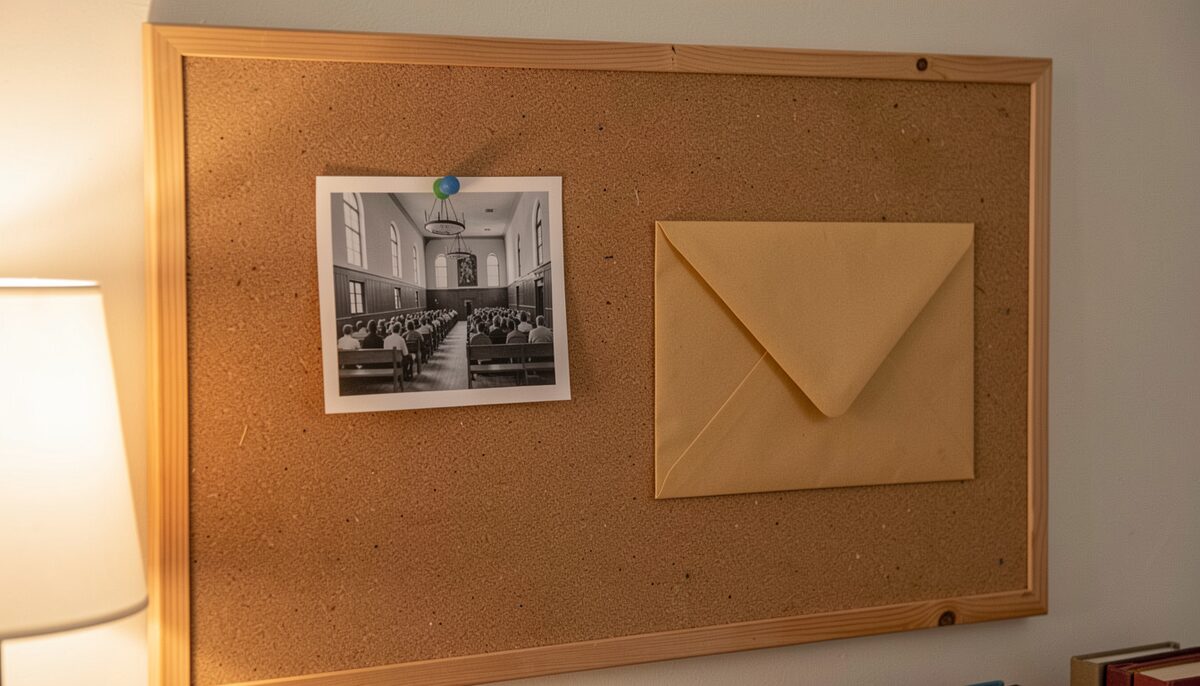 An archival black-and-white photograph pinned on a corkboard beside a typewritten group history, a 1940s meeting hall interior, archival documentation style, warm lamp light