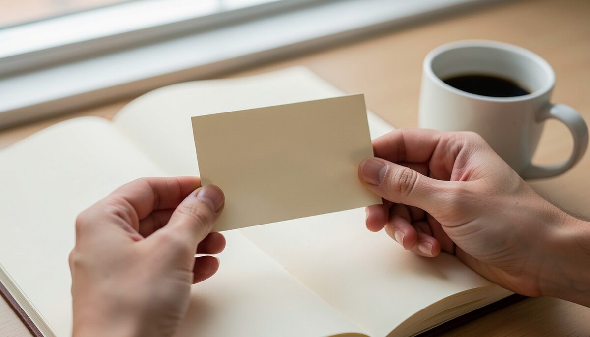 A printed card of the AA Preamble held in a reader's hand over an open notebook, with a folding chair and a coffee cup blurred behind, documentary photograph