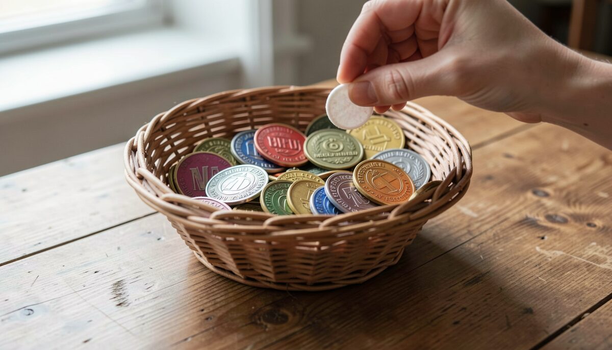 A small wicker basket of colored aluminum and brass sobriety medallions on a wooden table, one white chip held between fingers, documentary photograph, soft window light