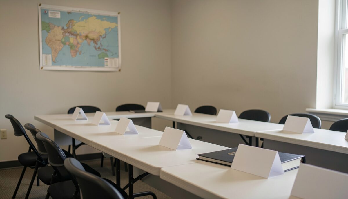 A modest meeting room set for a district committee meeting: a row of folding tables, a chairman's binder, name placards for service positions, an overhead map of Seacoast towns pinned on the wall