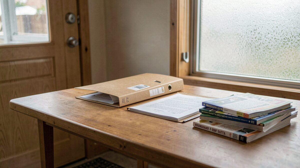 A wooden literature table by a meeting room door, a manila property file and a folded reading list beside stacked pamphlets, morning light from a frosted window, shot level at tabletop height.
