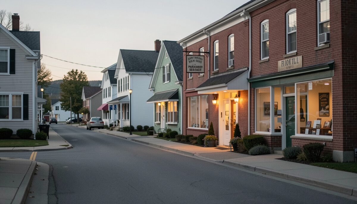 A quiet main street in a small New Hampshire Seacoast town in early evening, a church parish hall with a lit doorway, brick storefronts, documentary photograph
