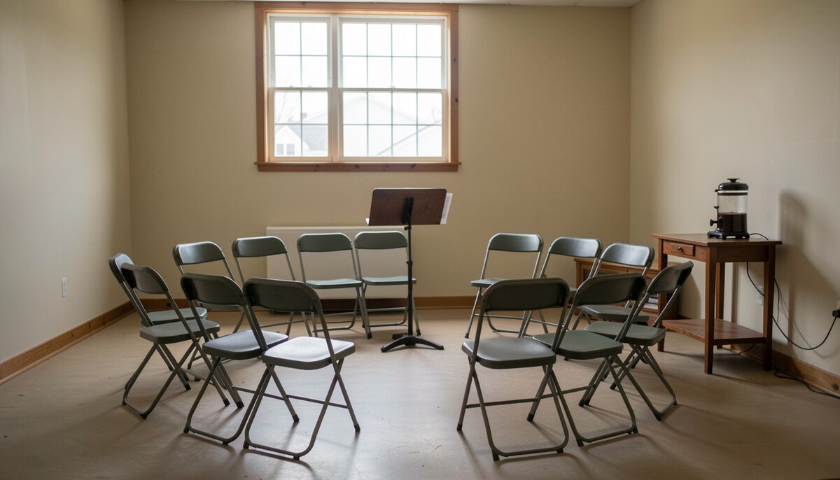 A basement meeting room in a New England church: a loose circle of metal folding chairs, a small lectern, a coffee urn on a side table, late-afternoon light through a high window, no faces visible, documentary photograph
